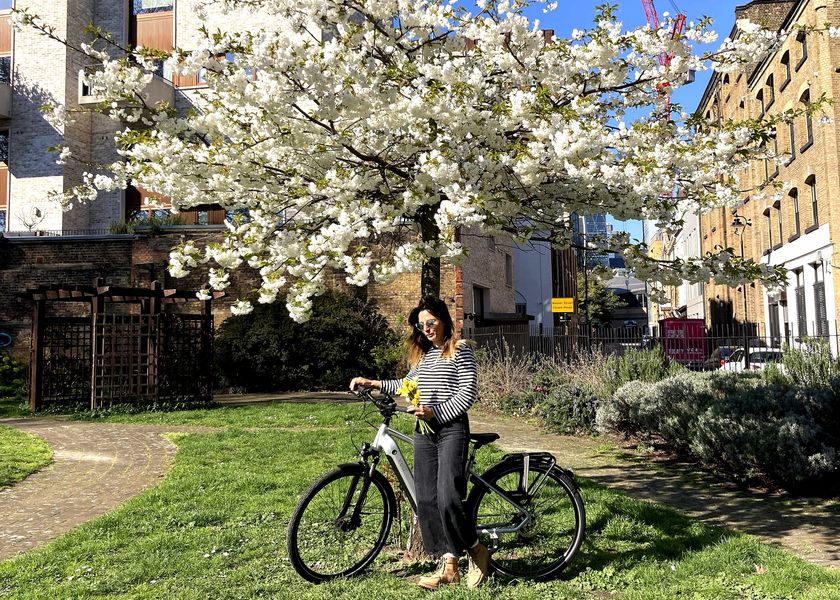 Volt E-bike next to cherry blossoms